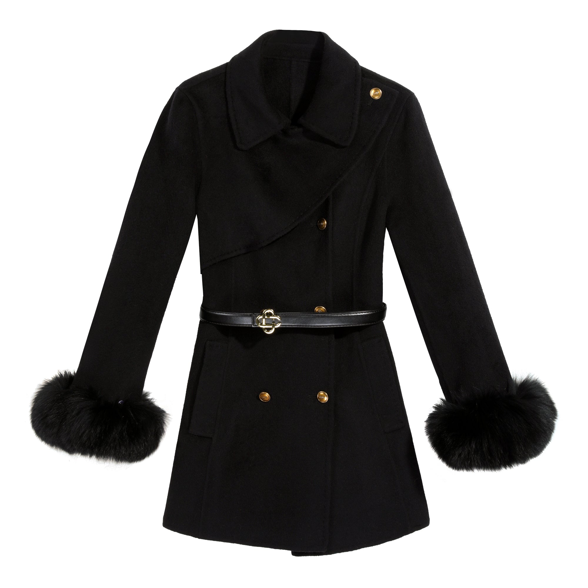 Belted A-Line Coat with Fur Cuffs - Dabuwawa
