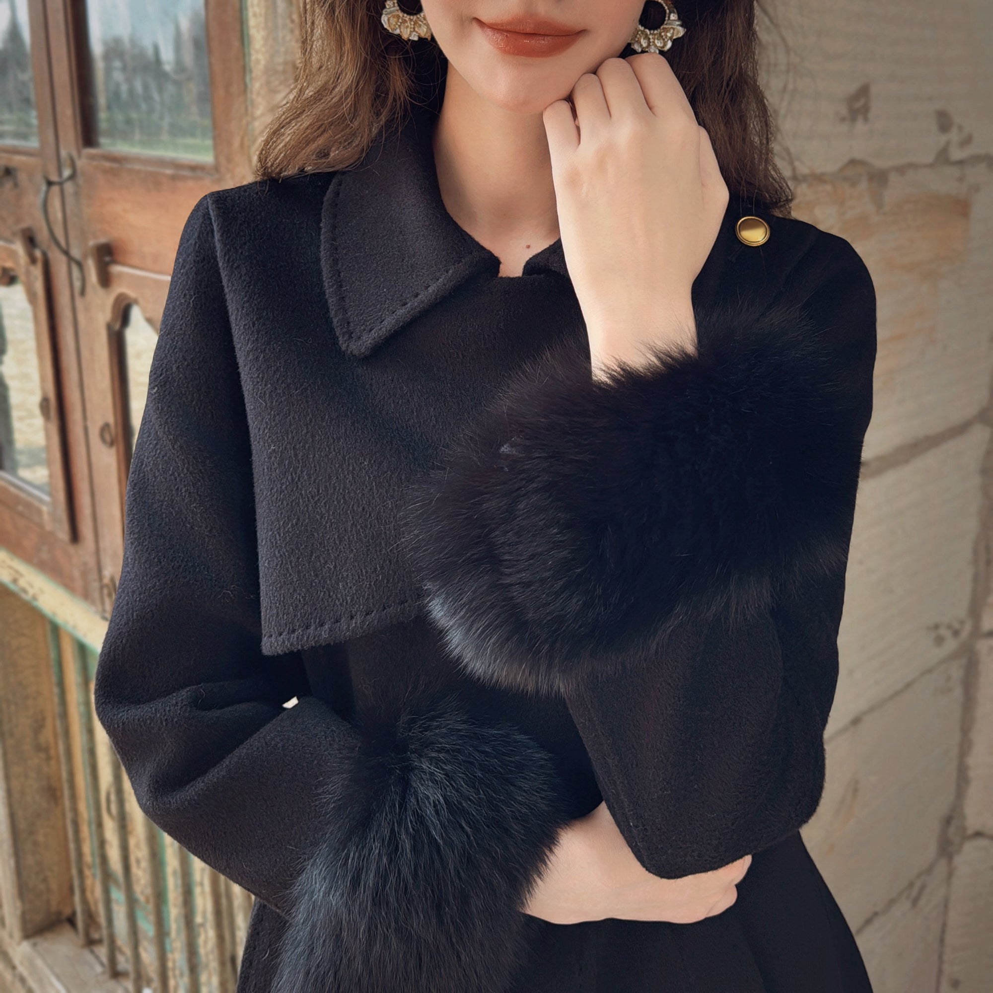 Belted A-Line Coat with Fur Cuffs - Dabuwawa