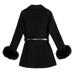 Belted A-Line Coat with Fur Cuffs - Dabuwawa