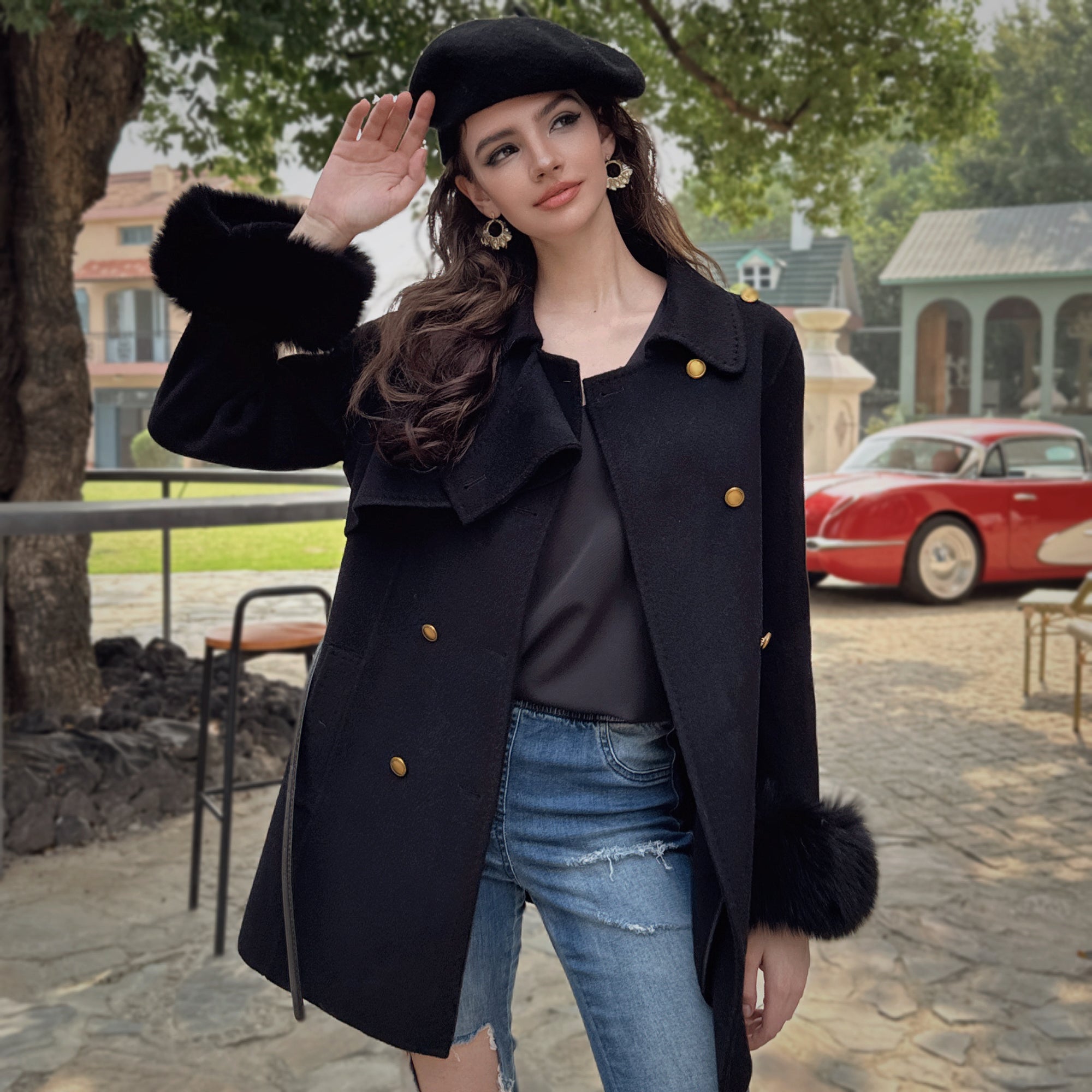 Belted A-Line Coat with Fur Cuffs - Dabuwawa