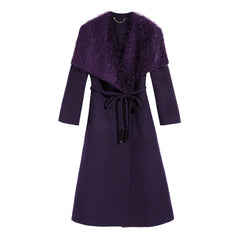 Deep Purple Wool-Blend Wrap Coat with Faux Shearling Shawl