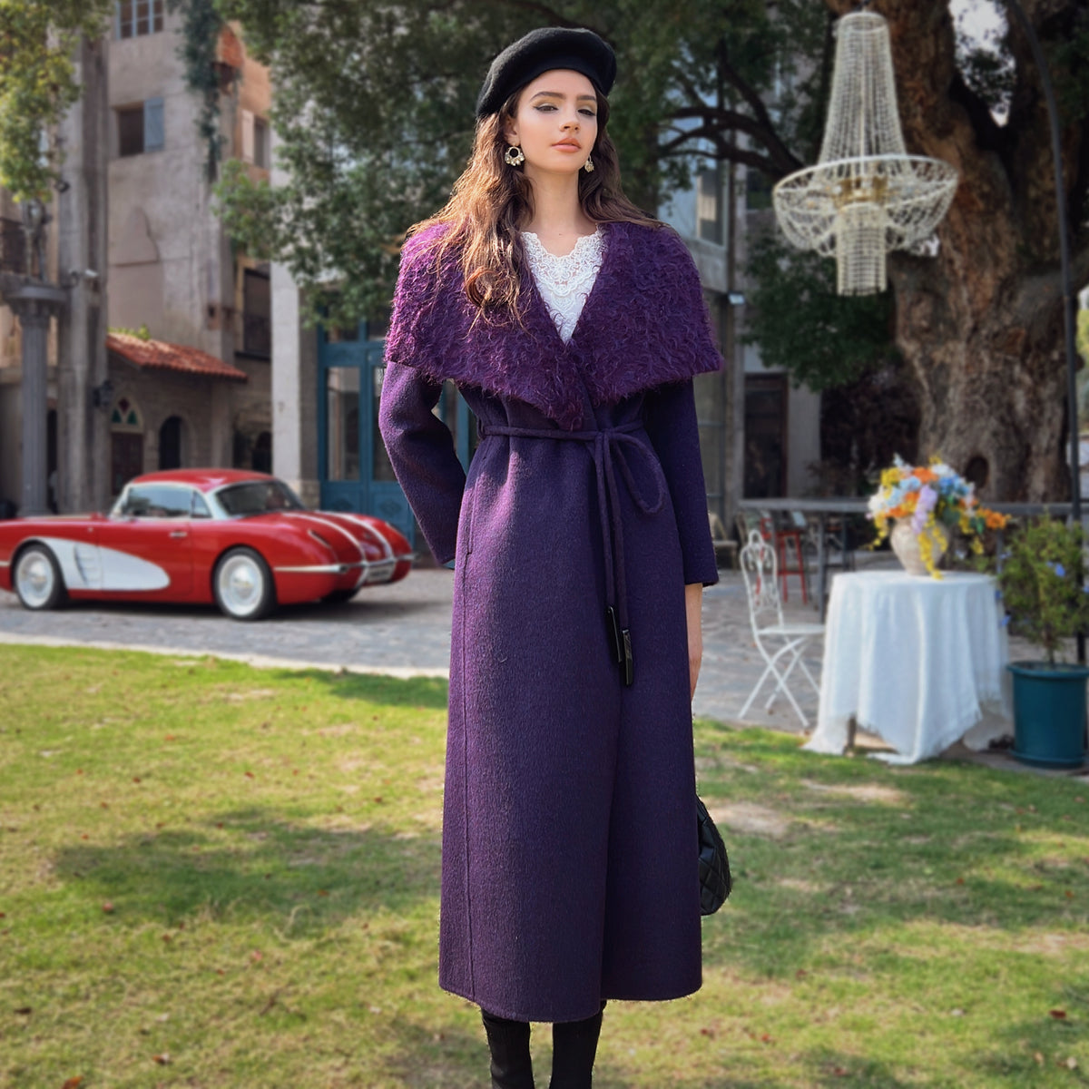 Deep Purple Wool-Blend Wrap Coat with Faux Shearling Shawl