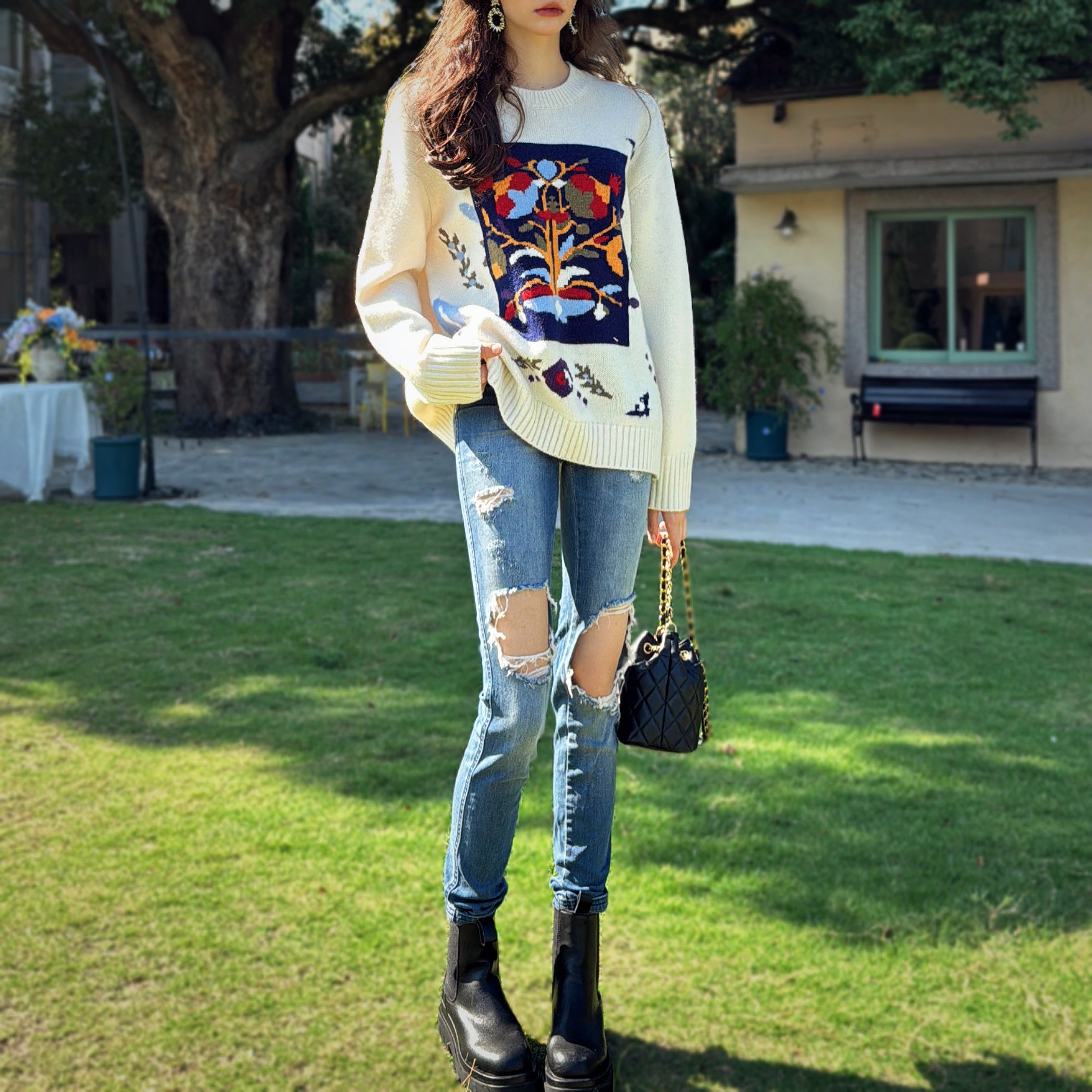 Boho Jacquard Crewneck Sweater - Dabuwawa
