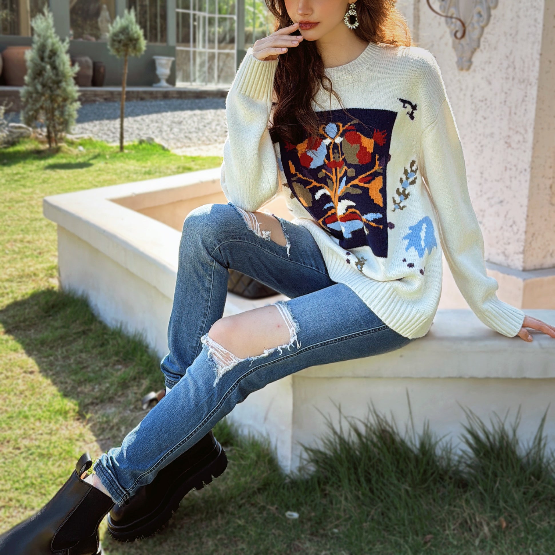 Boho Jacquard Crewneck Sweater - Dabuwawa