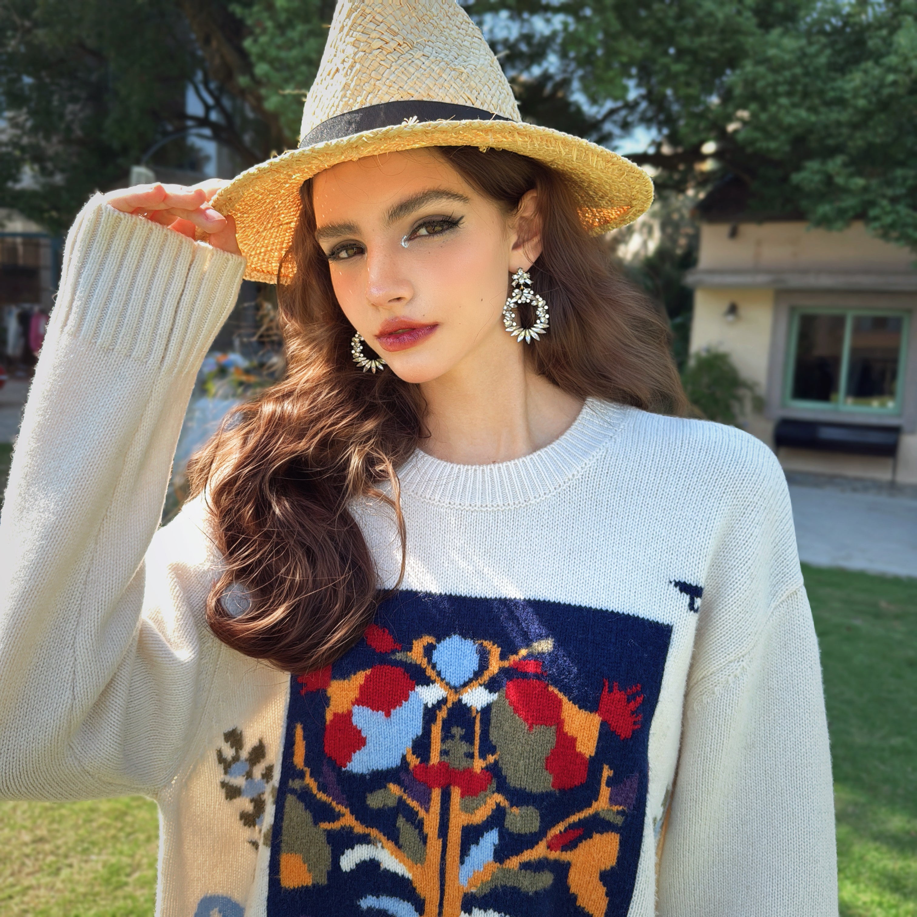 Boho Jacquard Crewneck Sweater - Dabuwawa