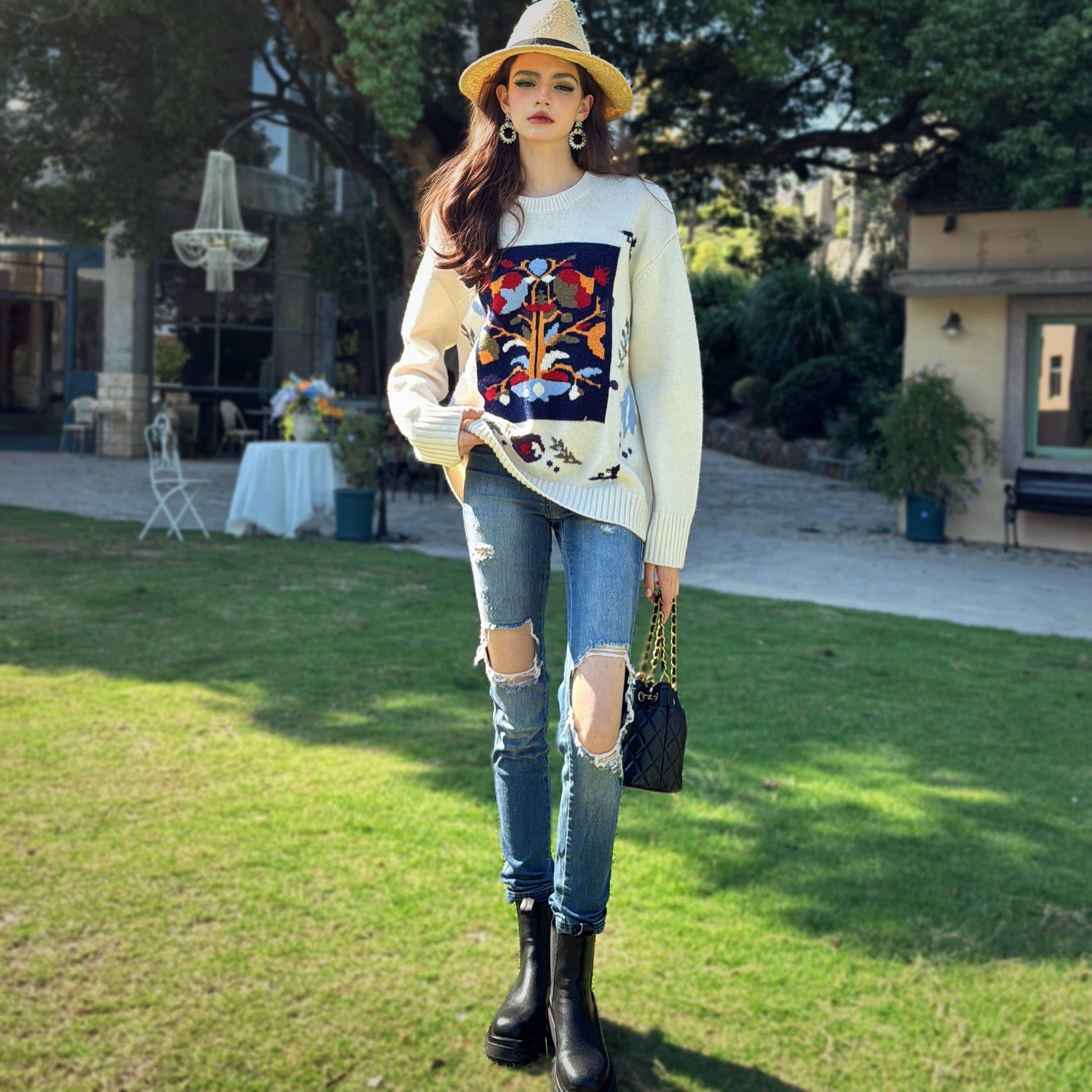 Boho Jacquard Crewneck Sweater - Dabuwawa