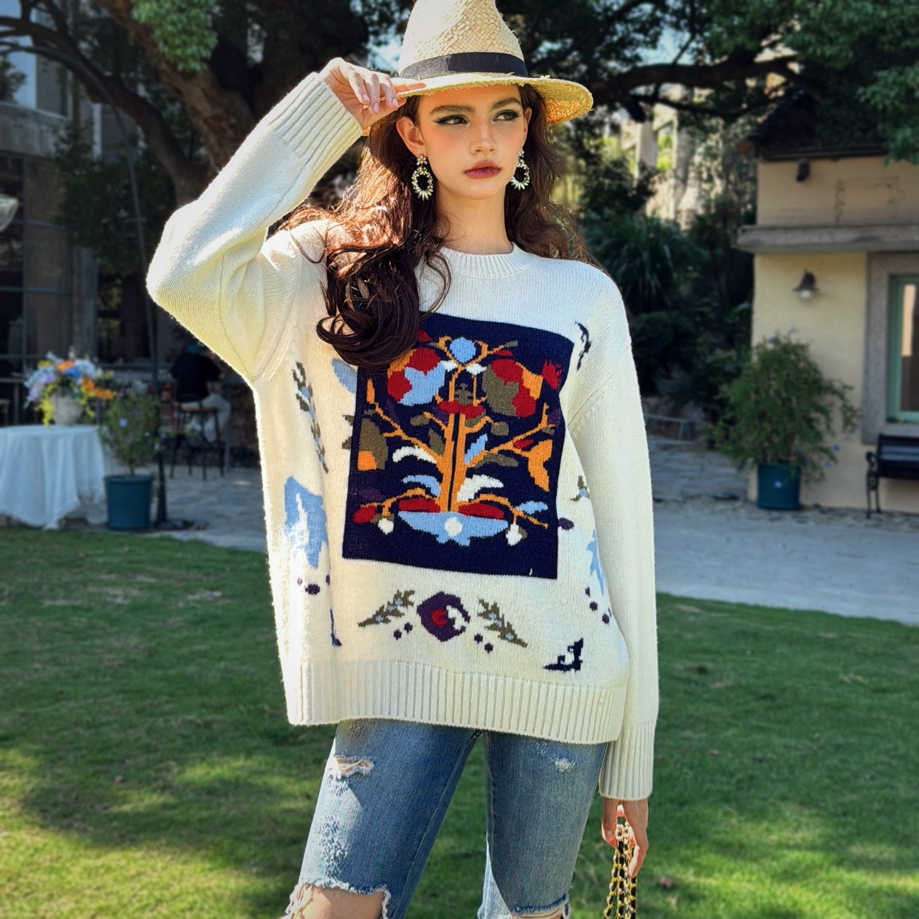 Boho Jacquard Crewneck Sweater - Dabuwawa