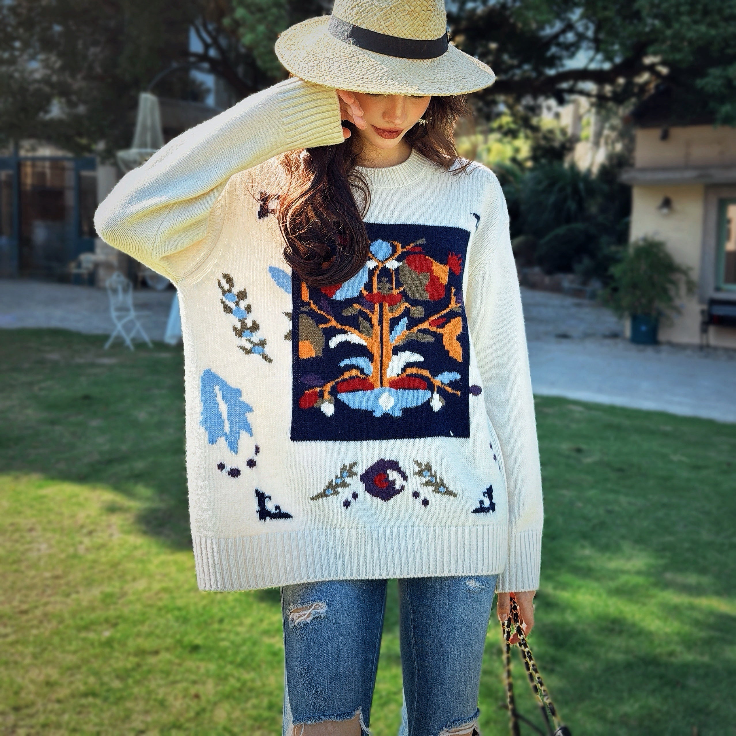 Boho Jacquard Crewneck Sweater - Dabuwawa