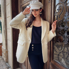 Ivory Tweed Lace-Trim Blazer - Dabuwawa