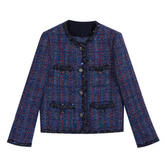 Navy Wool-Blend Tweed Cropped Jacket with Fringe and Jewel Buttons