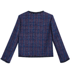 Navy Wool-Blend Tweed Cropped Jacket with Fringe and Jewel Buttons