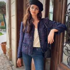 Navy Wool-Blend Tweed Cropped Jacket with Fringe and Jewel Buttons