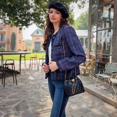 Navy Wool-Blend Tweed Cropped Jacket with Fringe and Jewel Buttons