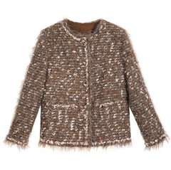 Mocha Wool-Blend Boucle Tweed Jacket with Eyelash Fringe