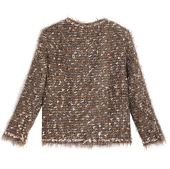 Mocha Wool-Blend Boucle Tweed Jacket with Eyelash Fringe