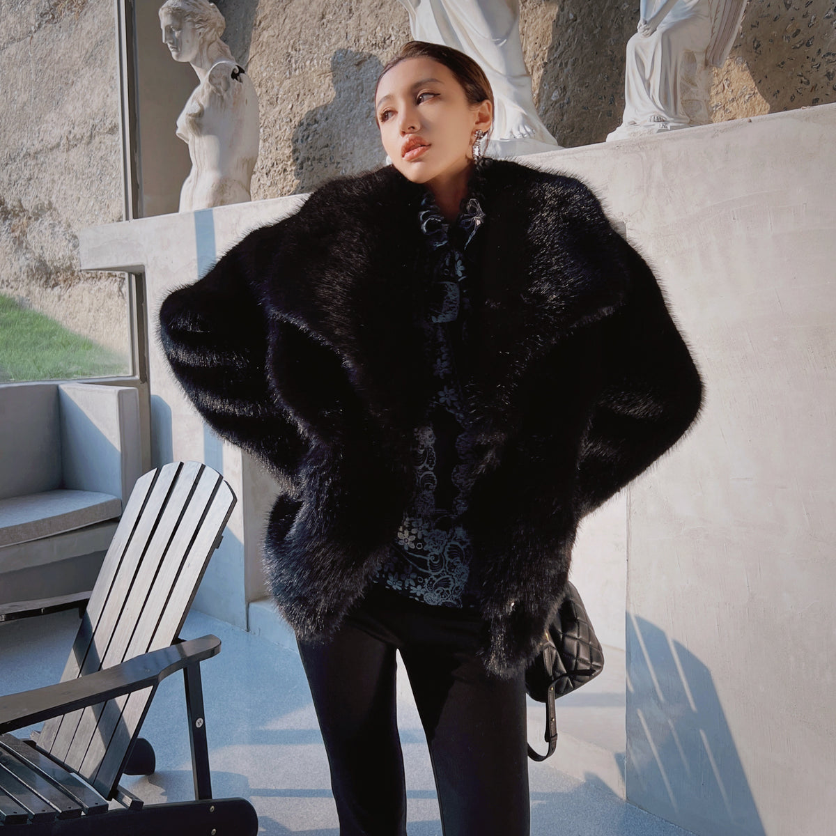 Black Plush Faux-Fur Jacket