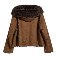 Embellished Hooded Faux-Shearling Jacket
