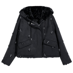 Embellished Hooded Faux-Shearling Jacket
