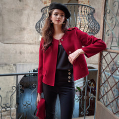 Short Jacket with Convertible Rib-Knit Scarf Collar — Red