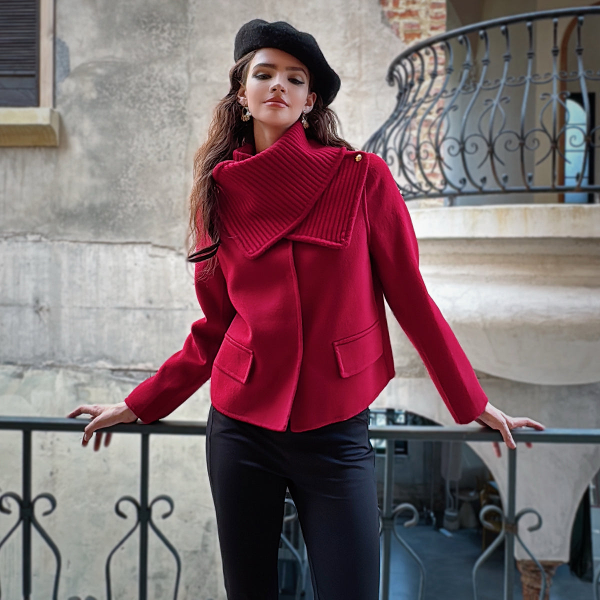 Short Jacket with Convertible Rib-Knit Scarf Collar — Red