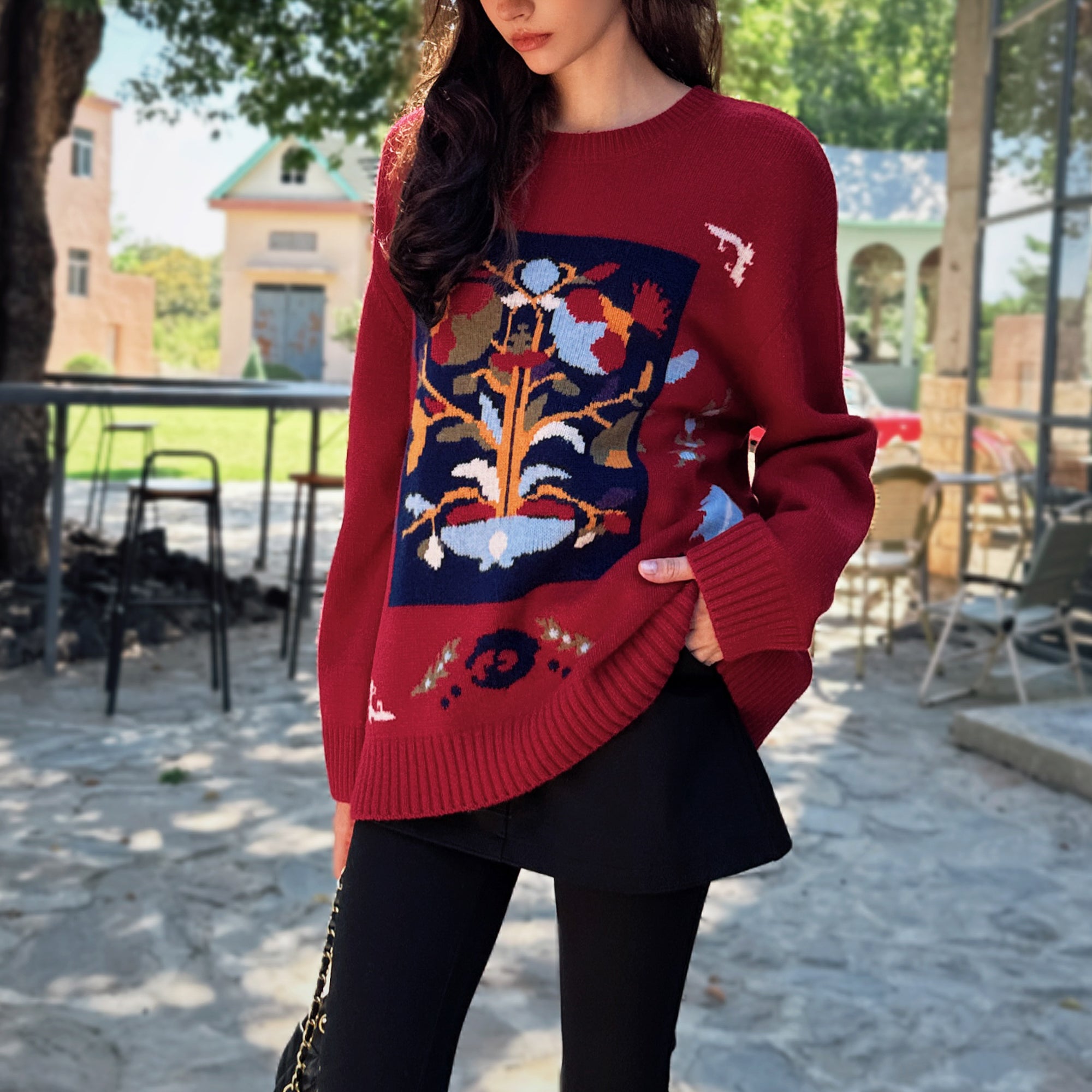 Boho Jacquard Crewneck Sweater - Dabuwawa