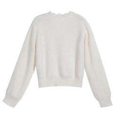 Cropped Knit Cardigan — Bouclé & Floral Appliqué