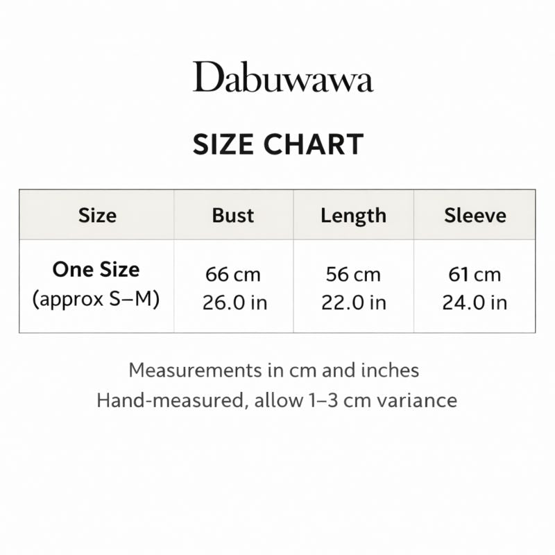 The image is a size chart for a garment, providing measurements in cm and inches for different sizes.