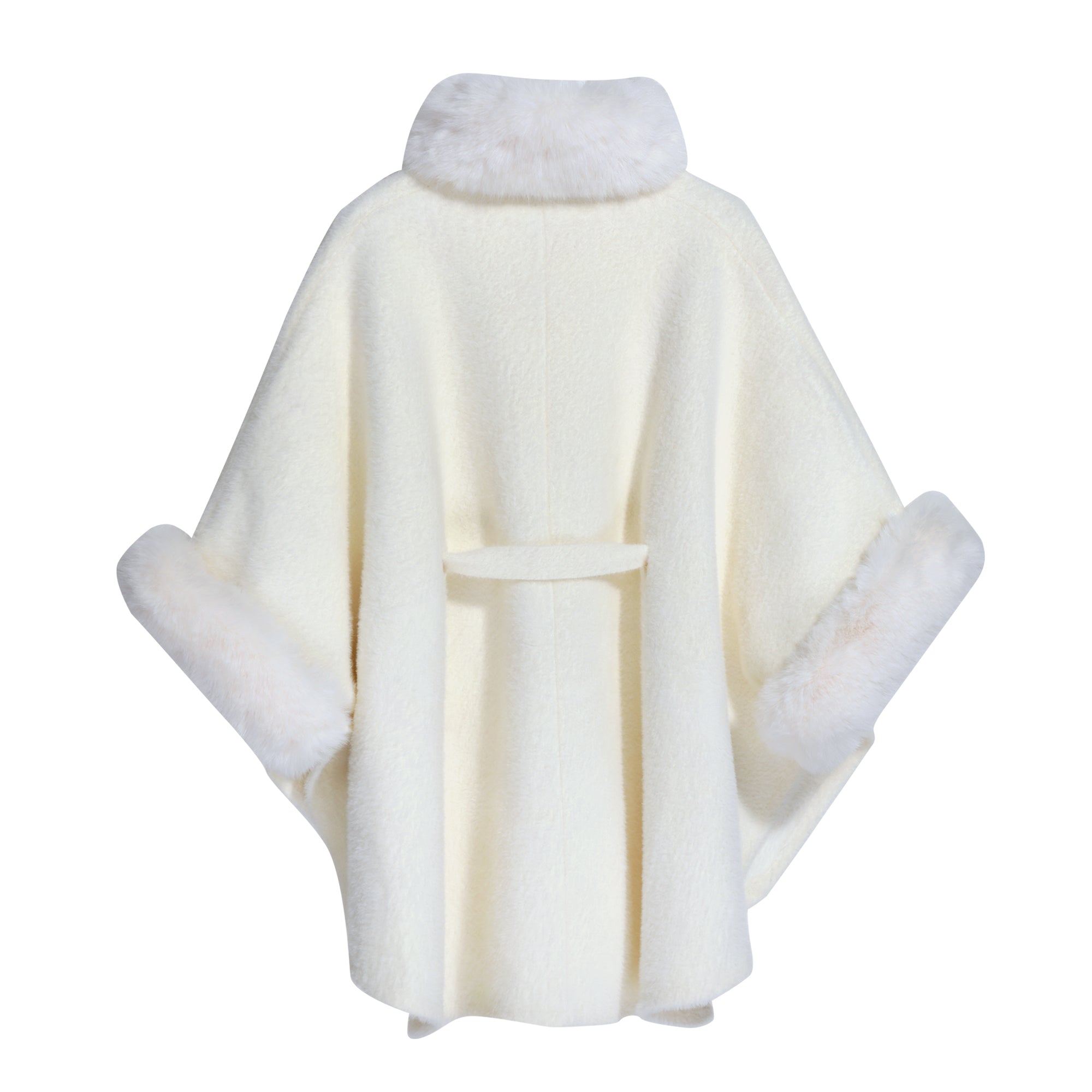 A white fur-trimmed cape with a fur collar, displayed against a white background.