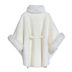 A white fur-trimmed cape with a fur collar, displayed against a white background.