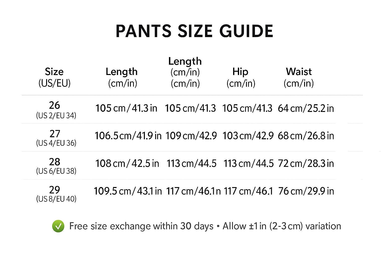 The image is a guide to pants sizes, providing measurements and corresponding sizes for different body types.