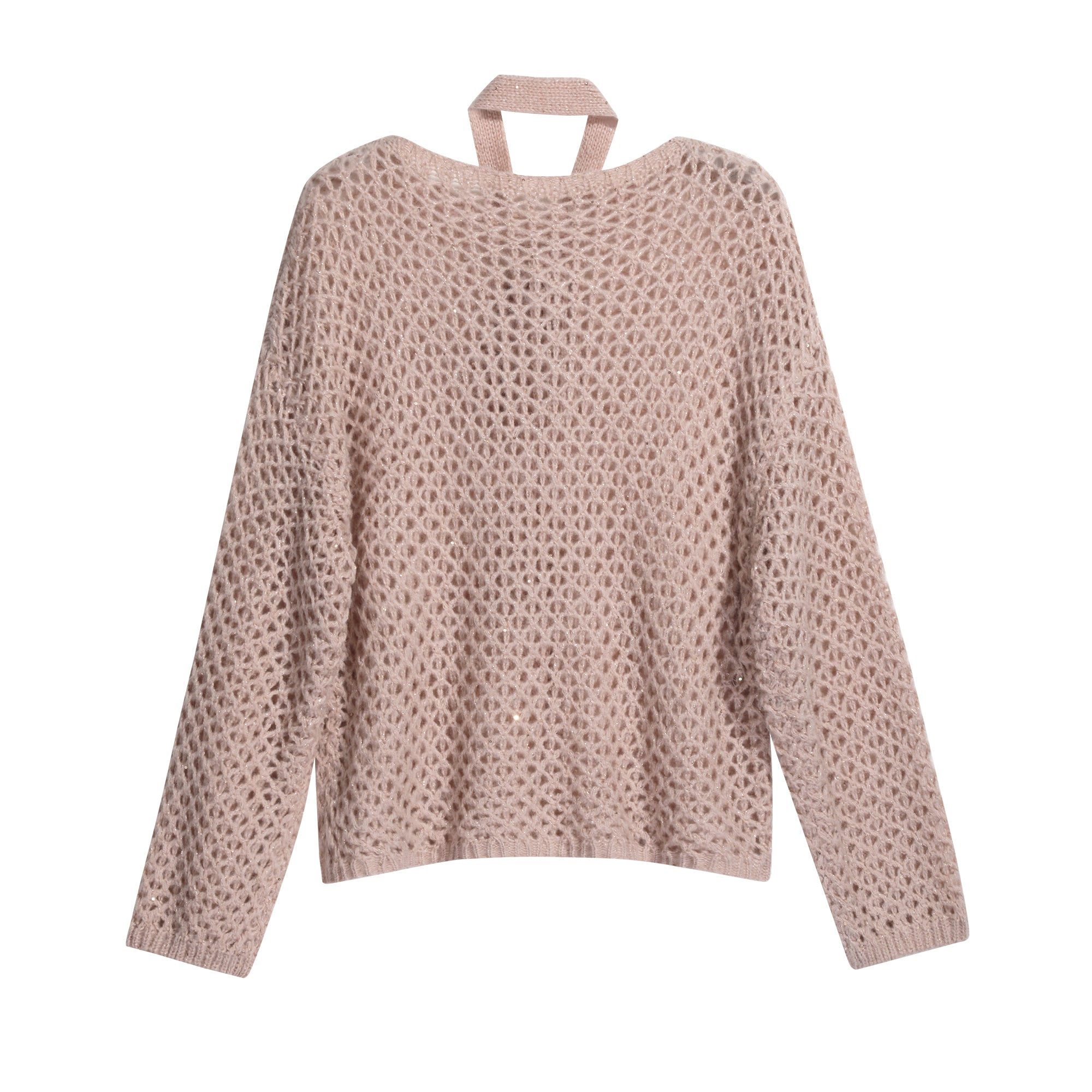 A long-sleeved sweater with a mesh pattern, featuring a high neck and long sleeves.