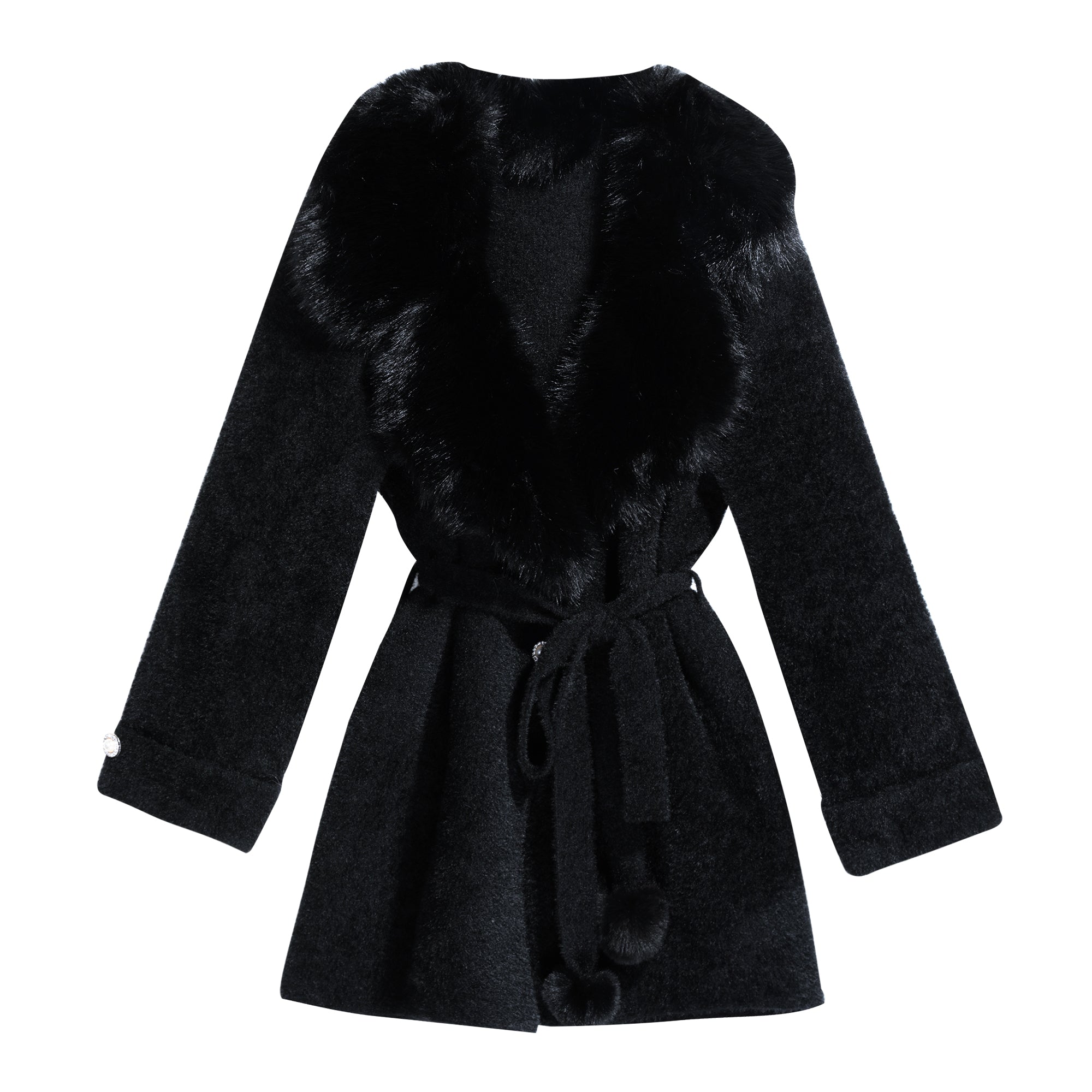 A black fur-trimmed coat with a belt detail.