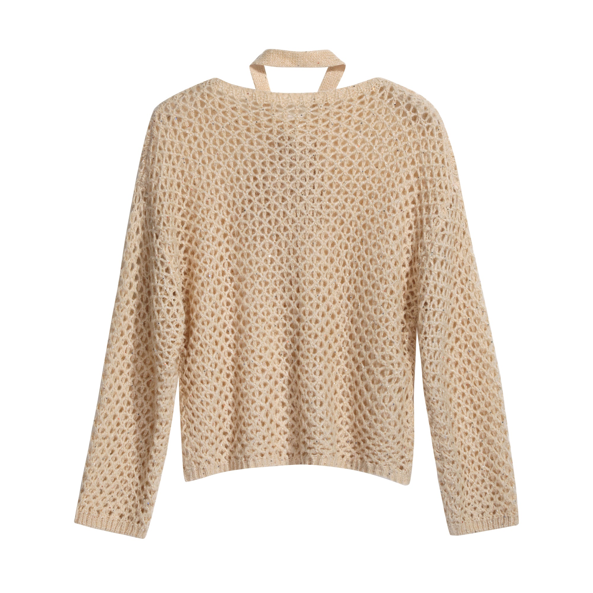 A beige knitted sweater with a high neck and long sleeves.