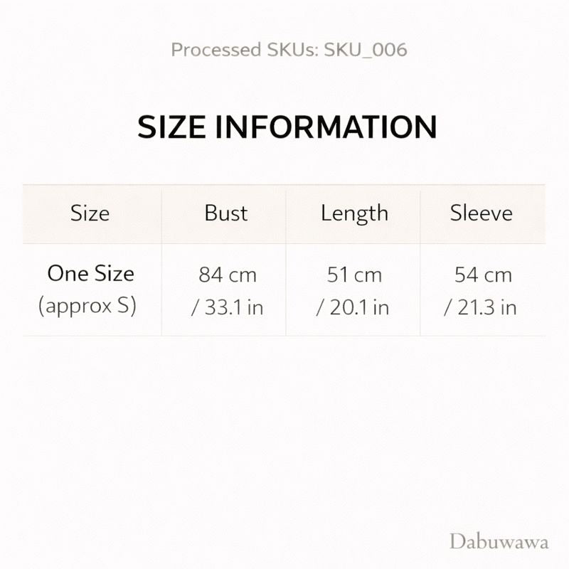 a table with size information for different clothing items, including a one-size-fits-all size of 84 cm, 51 cm, and 21.3 cm. The table provides the bust, length, and sleeve measurements for the one-size-fits-all size.