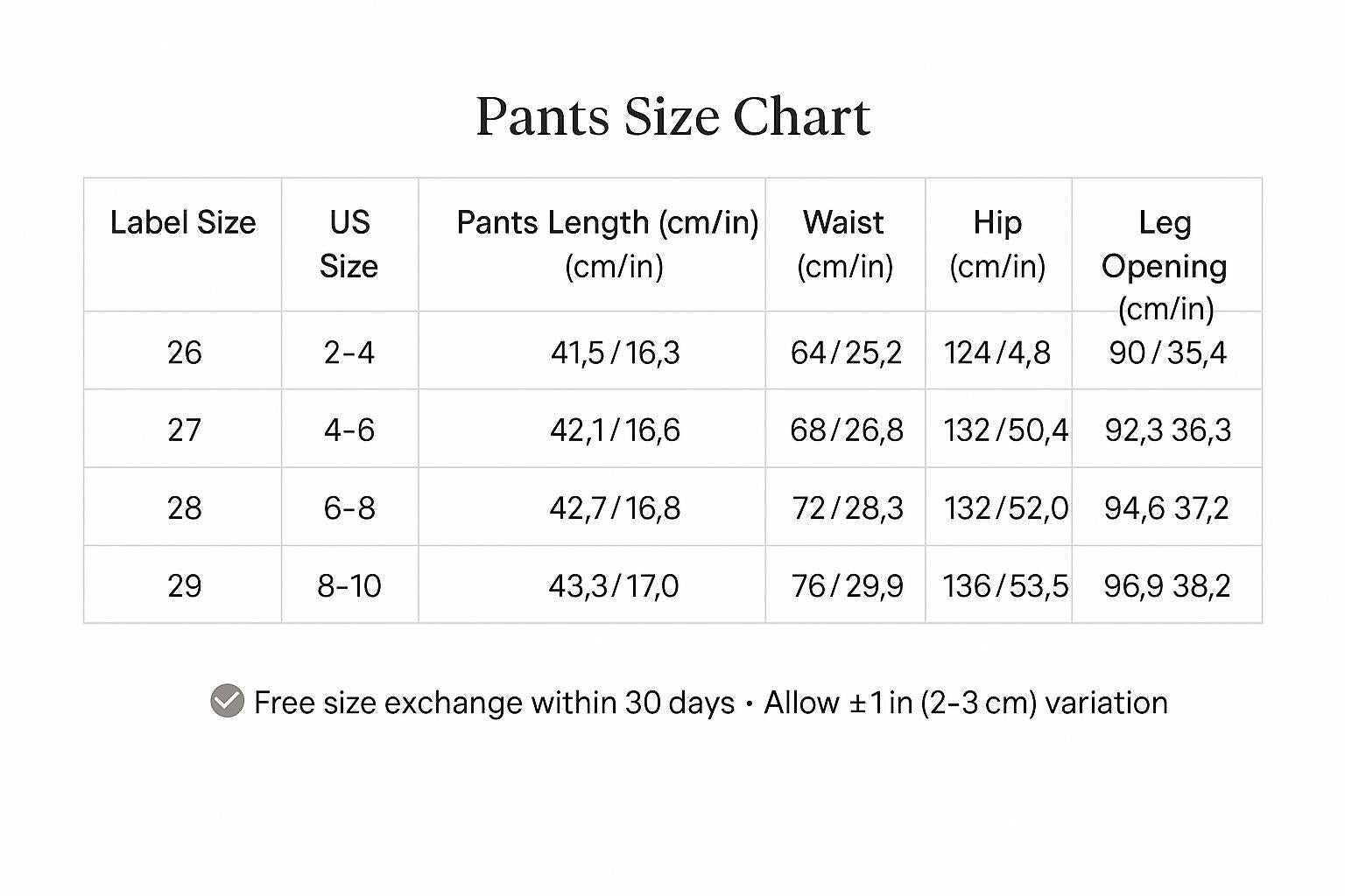 The image is a pants size chart that provides a visual representation of the sizes available for different label sizes in the US. It includes pants length measurements in centimeters and inches, as well as waist, hip, and leg measurements. The chart allows for a free size exchange within 30 days, with a 1-inch (2-3 cm) variation.