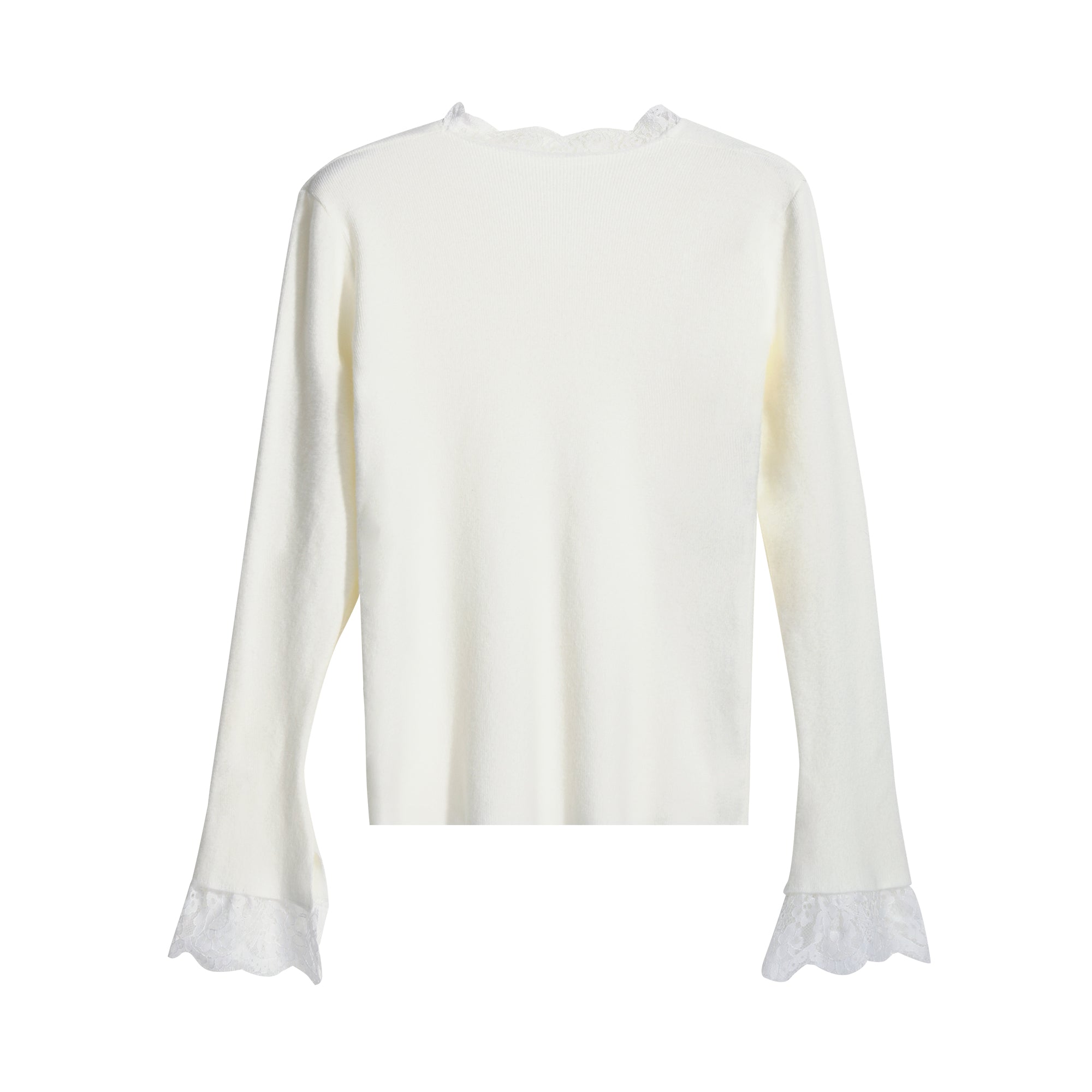 A white long-sleeved shirt with lace trim on the sleeves.