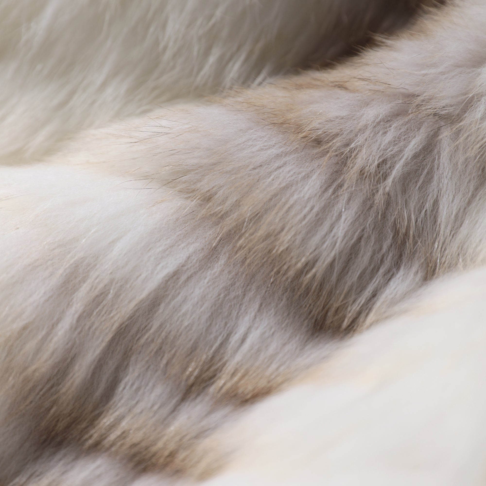 A close-up image of a fluffy, white fur texture, with a mix of light and dark gray tones.