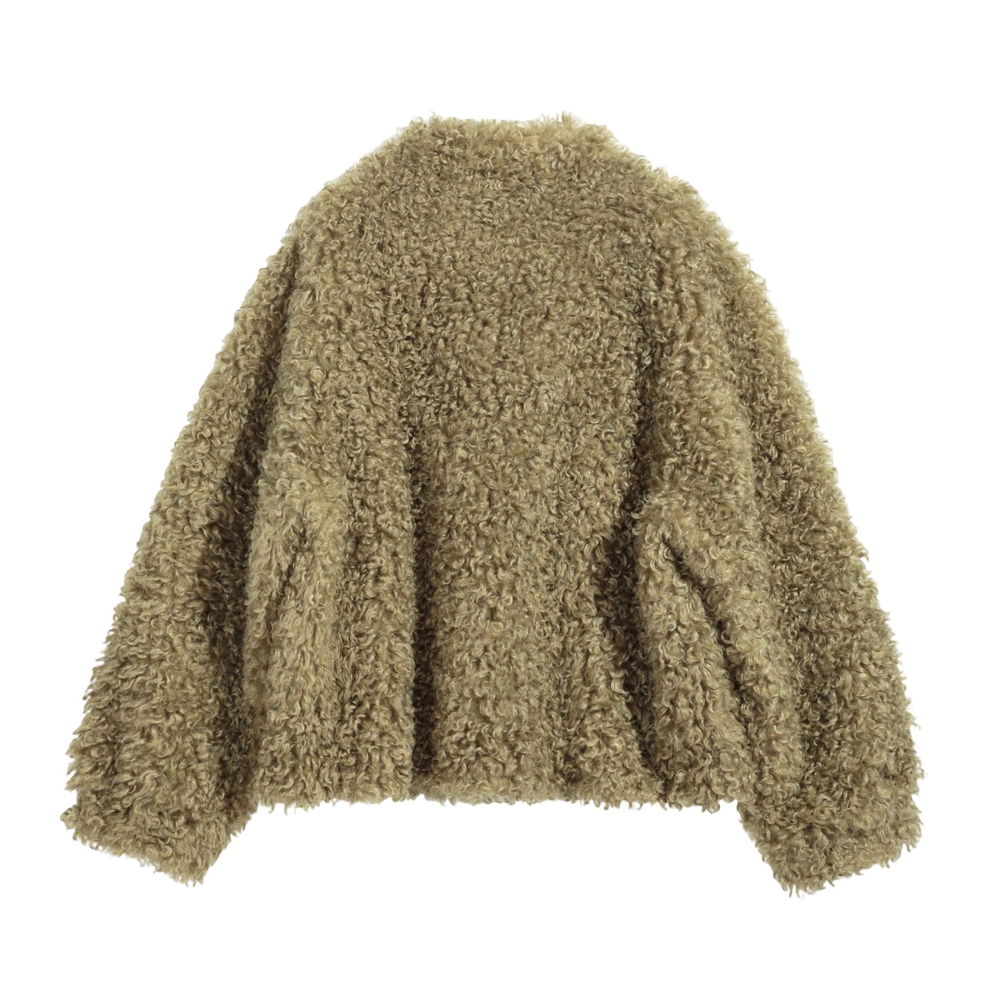 A brown, furry, long-sleeved jacket is shown against a white background.