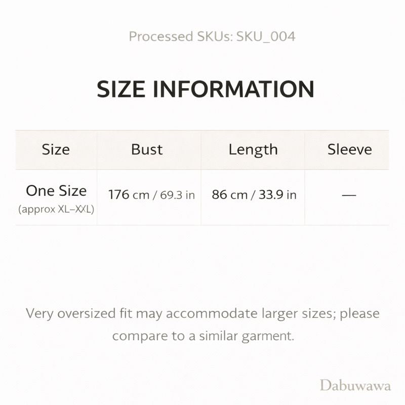 a size information table for a single-size garment, which is described as a bust, length, sleeve, and waist size. The table provides the dimensions of the garment in centimeters, with the waist size being the largest and the sleeve size being the smallest. The image also includes a note that very oversized fit may accommodate larger sizes, and it suggests that the viewer should compare the garment to a similar garment for a better understanding of the size.