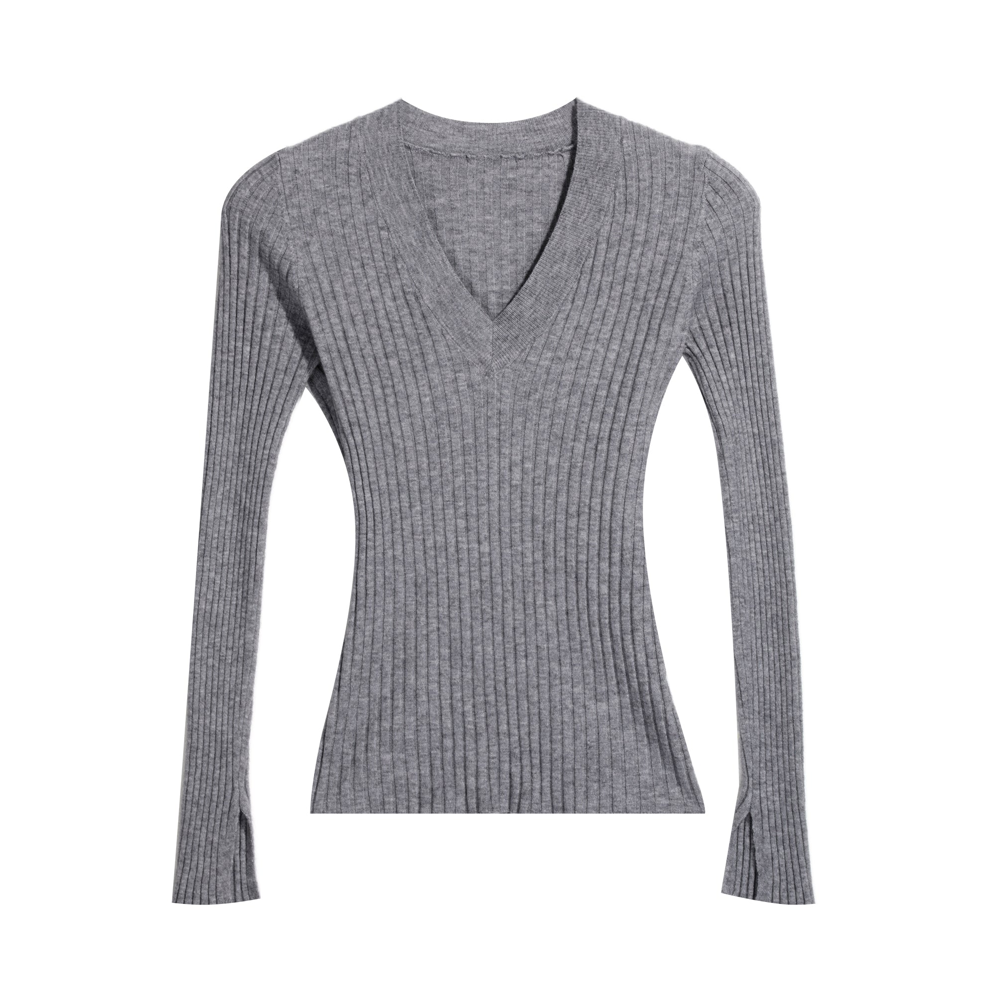 A gray ribbed sweater with a V-neck and long sleeves.