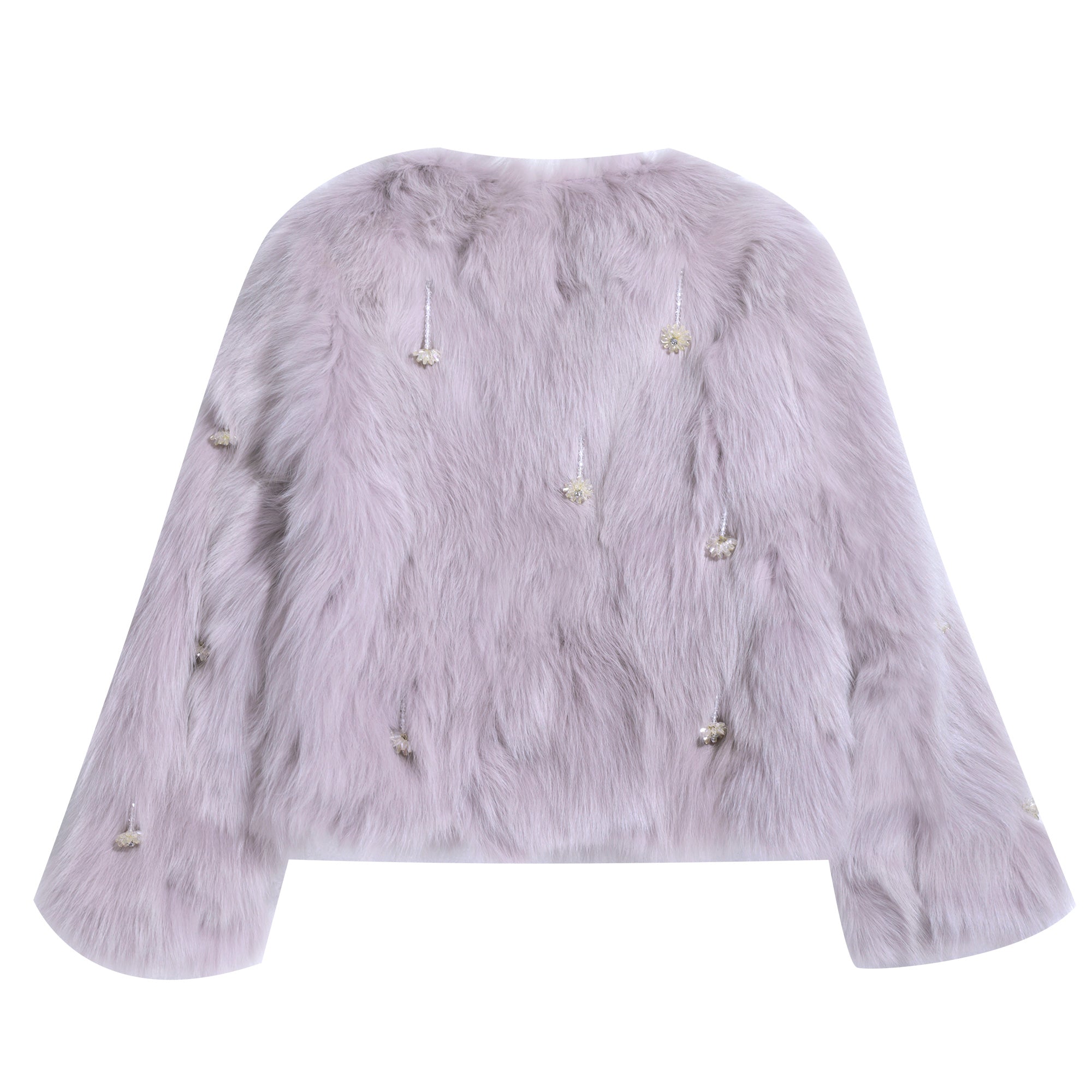 A long-sleeved, furry jacket with a light purple color and small, round embellishments on the sleeves.