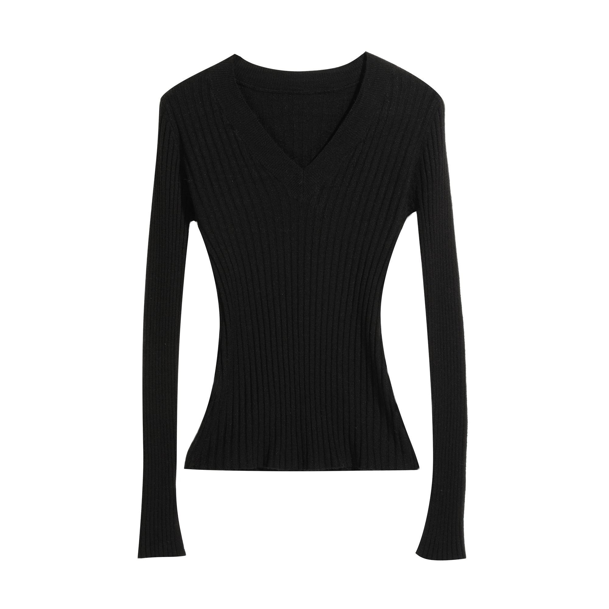 A black long-sleeved sweater with a v-neck and ribbed texture.