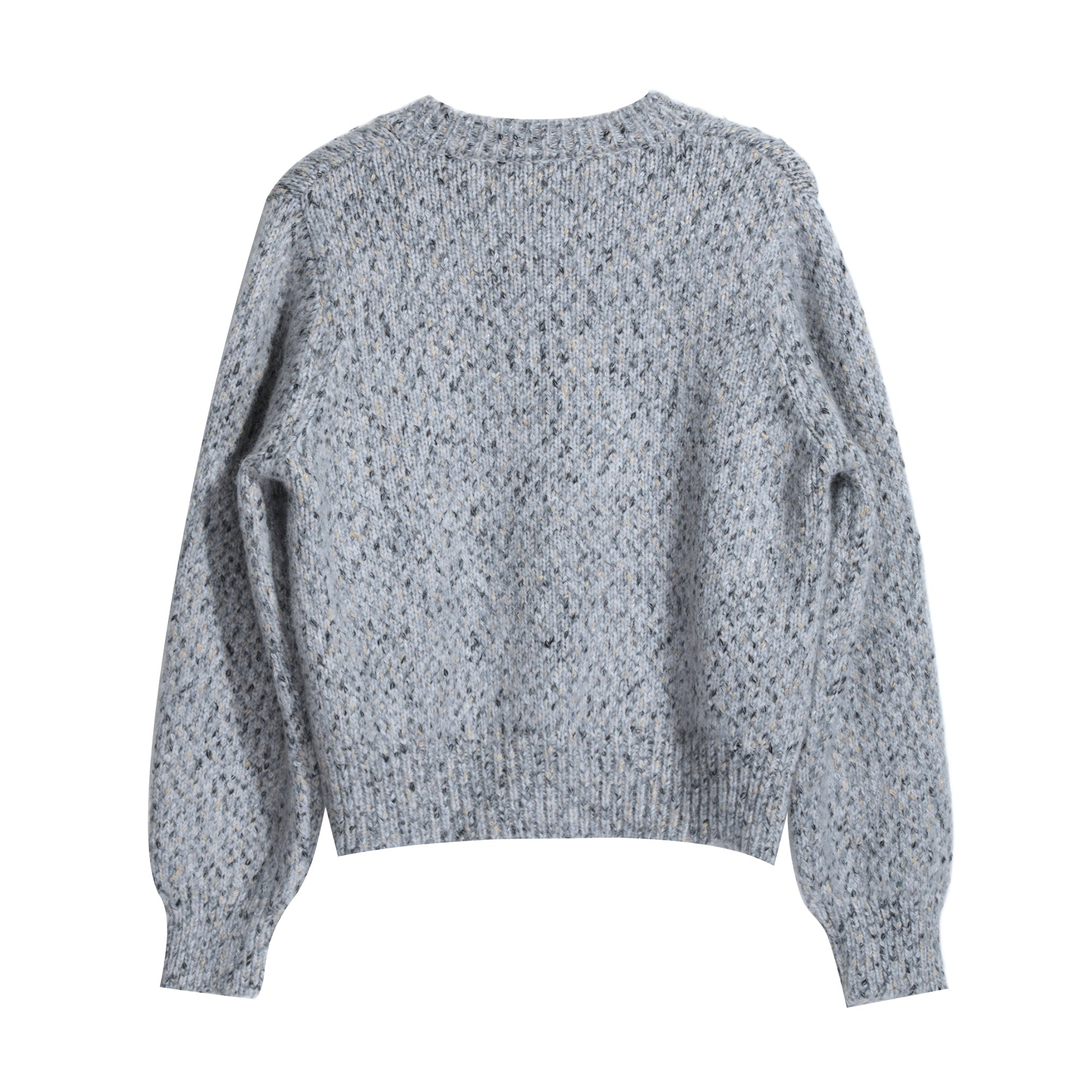 A gray, knitted sweater with a textured, speckled appearance.