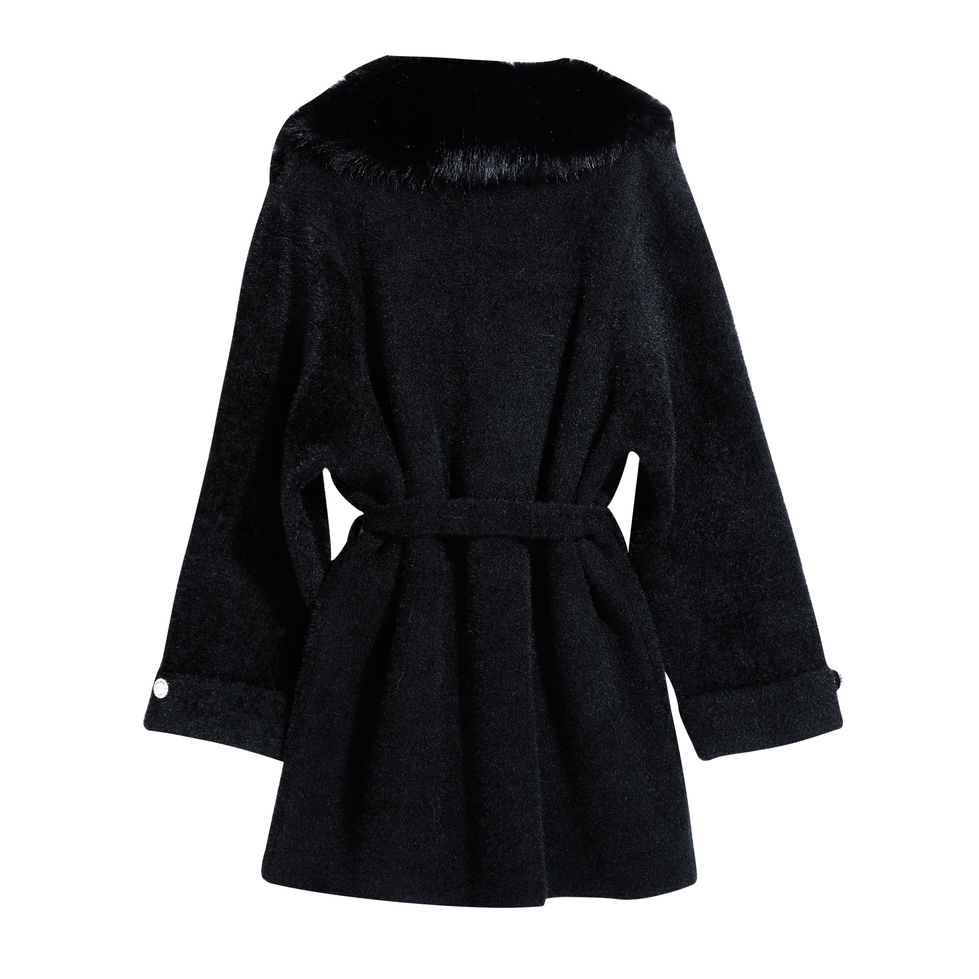 A black fur-trimmed coat with a belt, displayed against a white background.