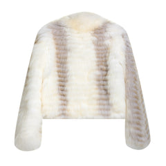A white fur coat with a striped pattern.
