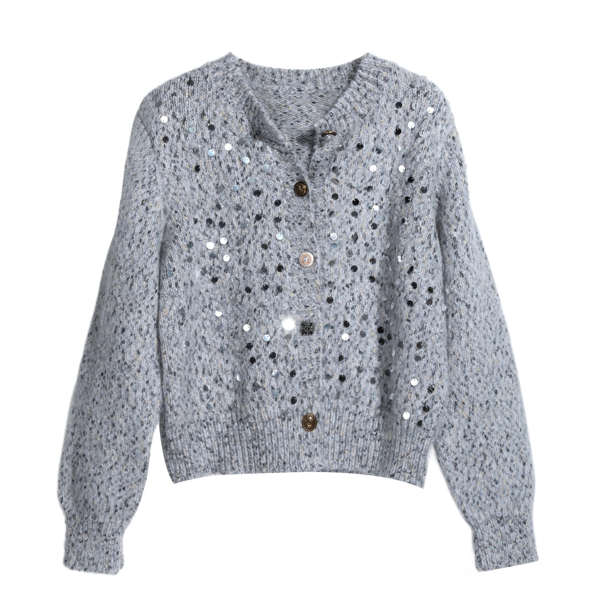 A gray knitted cardigan with silver sequins on the front and buttons.