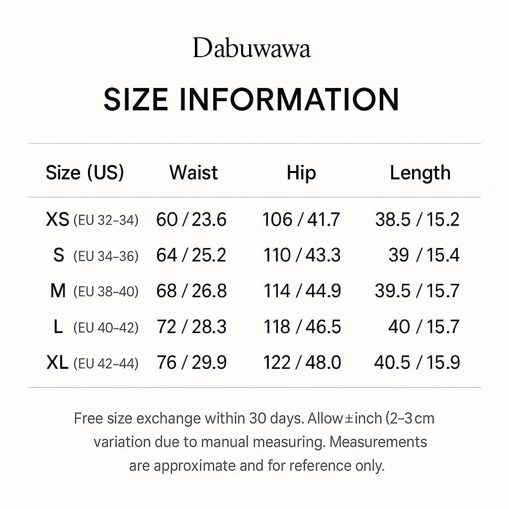 a table with size information for various clothing items, including waist, hip, and length measurements. The table provides a free size exchange within 30 days, allowing for a 2-3 cm variation based on manual measuring. The measurements are approximate and for reference only.