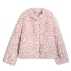 A pink, fluffy, and soft-looking jacket is shown against a white background.