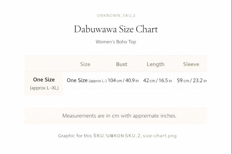 a size chart for a women's bohem top, with measurements in cm and inches. The chart provides information about the bust, length, and sleeve size for the top. The chart is labeled "Dabuwawa Size Chart" and is part of the "UNKNOWNS SKU.2" collection. The image is a single, high-quality photo of the chart, and there are no other images or text visible.