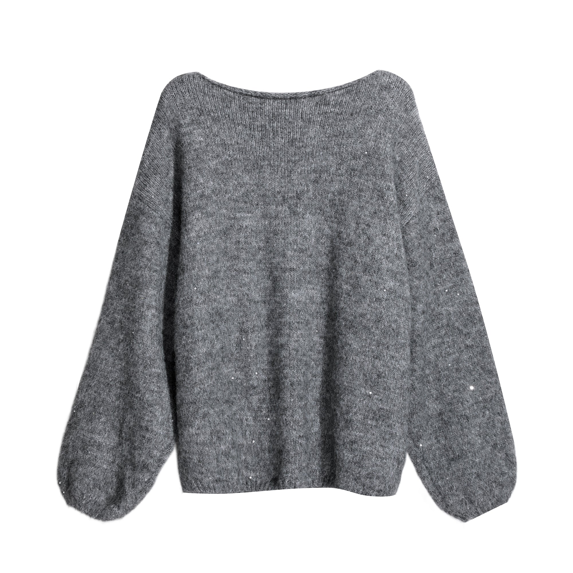 A gray knitted sweater with long sleeves and a round neckline.